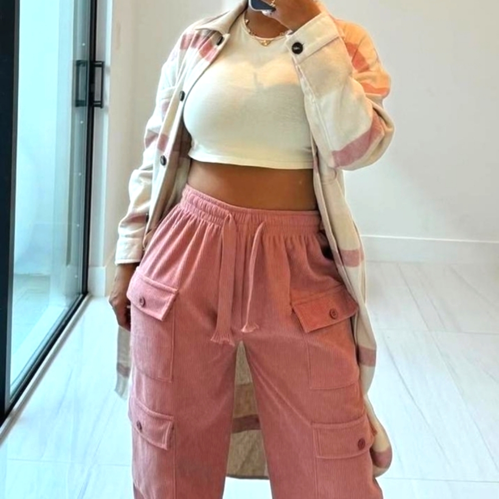 Mina Monroe Swaggy Corduroy Cargo Pants + Flannel Shacket Set– Mauve/Ivory/Pink